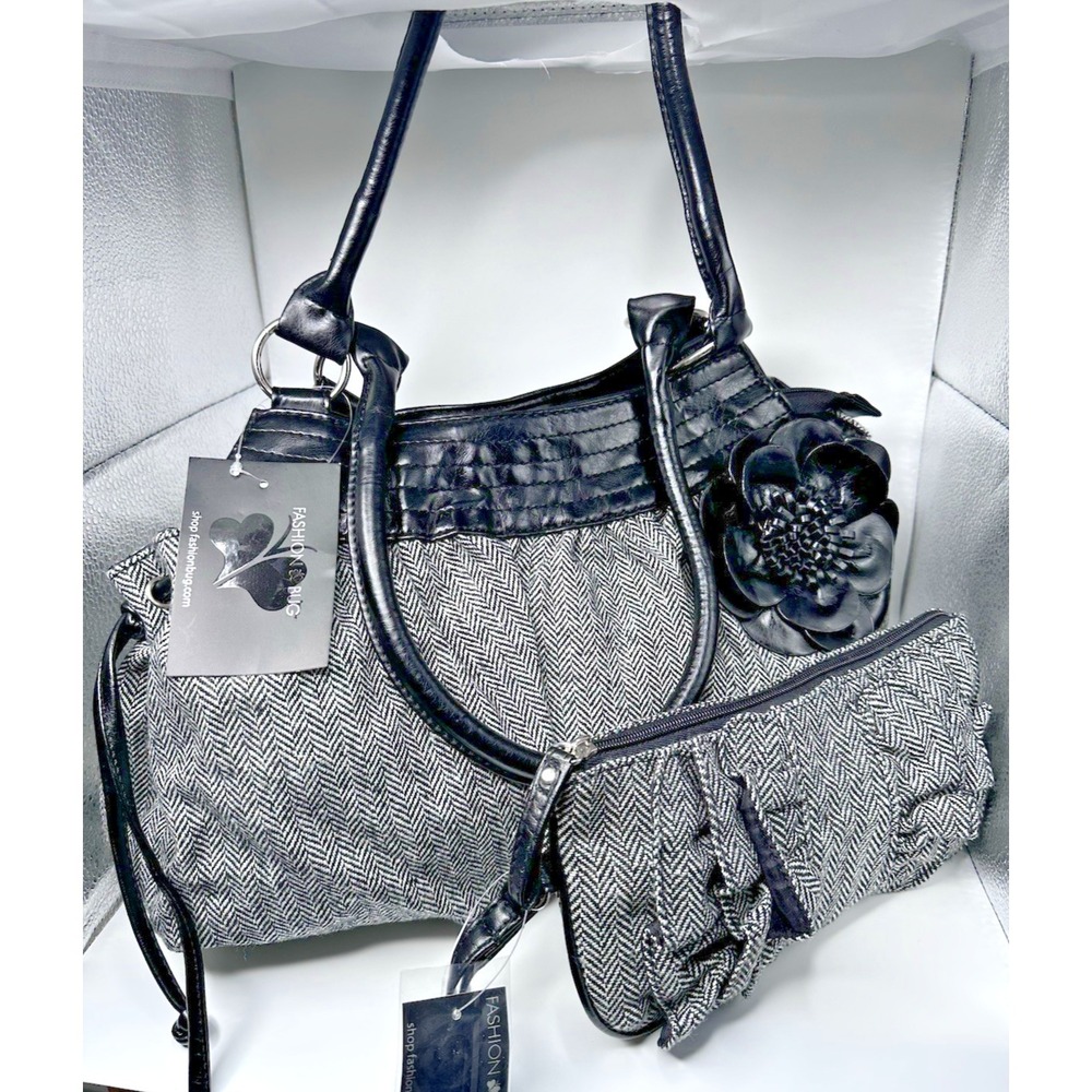 Fashion Bug Black White Herringbone Tweed Handbag with matching Clutch Flower